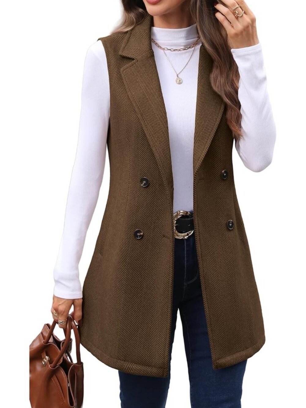 Chic Women's Tweed Long Vest Blazer Jacket - Herringbone Pattern, Stylish